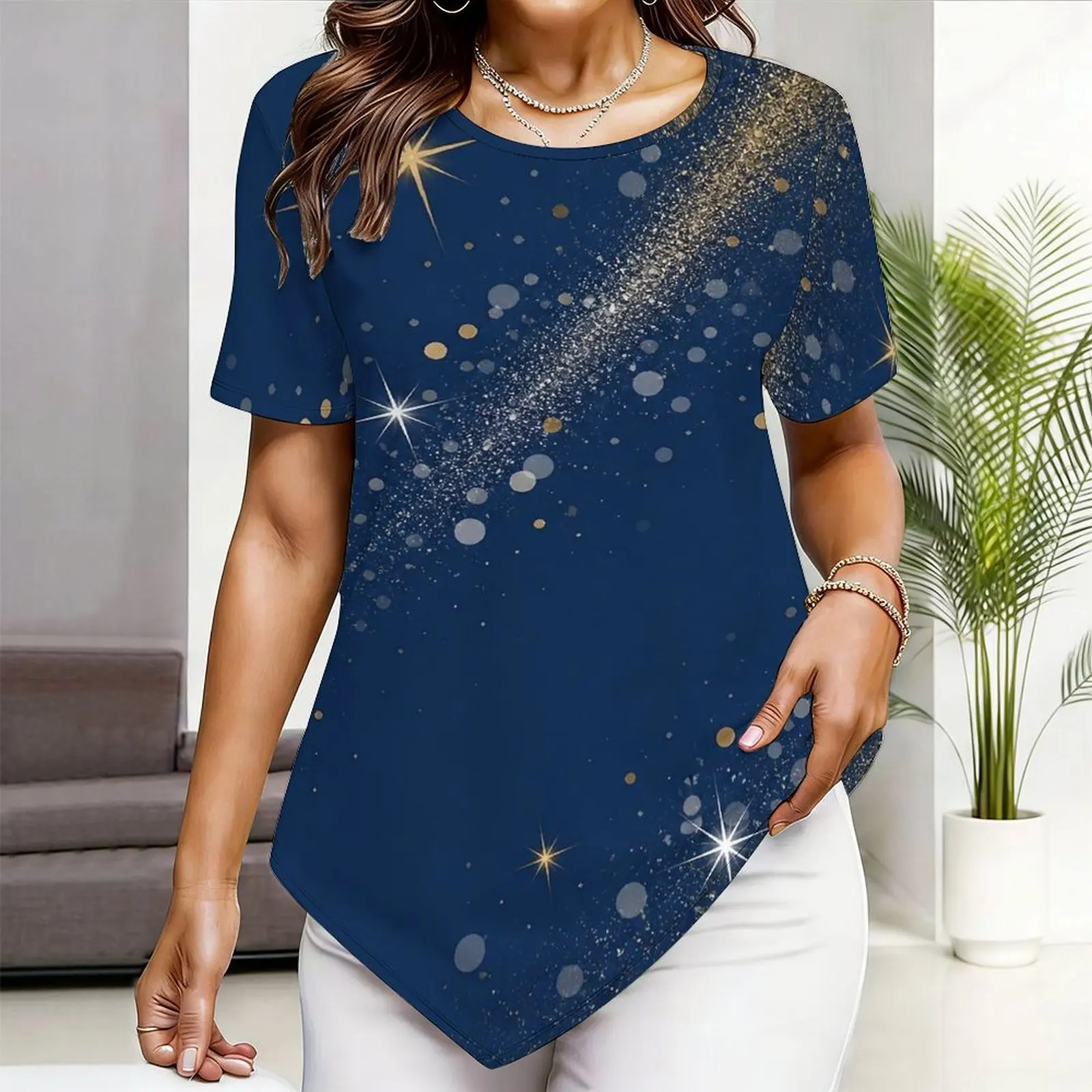 Round Neck Short Sleeve Pointed Hem Printed Top for Women