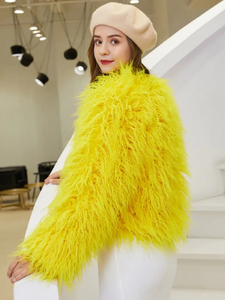 Fashion Luxury Fluffy Faux Fur Women Jacket Winter Long Sleeve Shaggy Overcoats Mongolia Sheep Fur Coat Female Street Outerwear