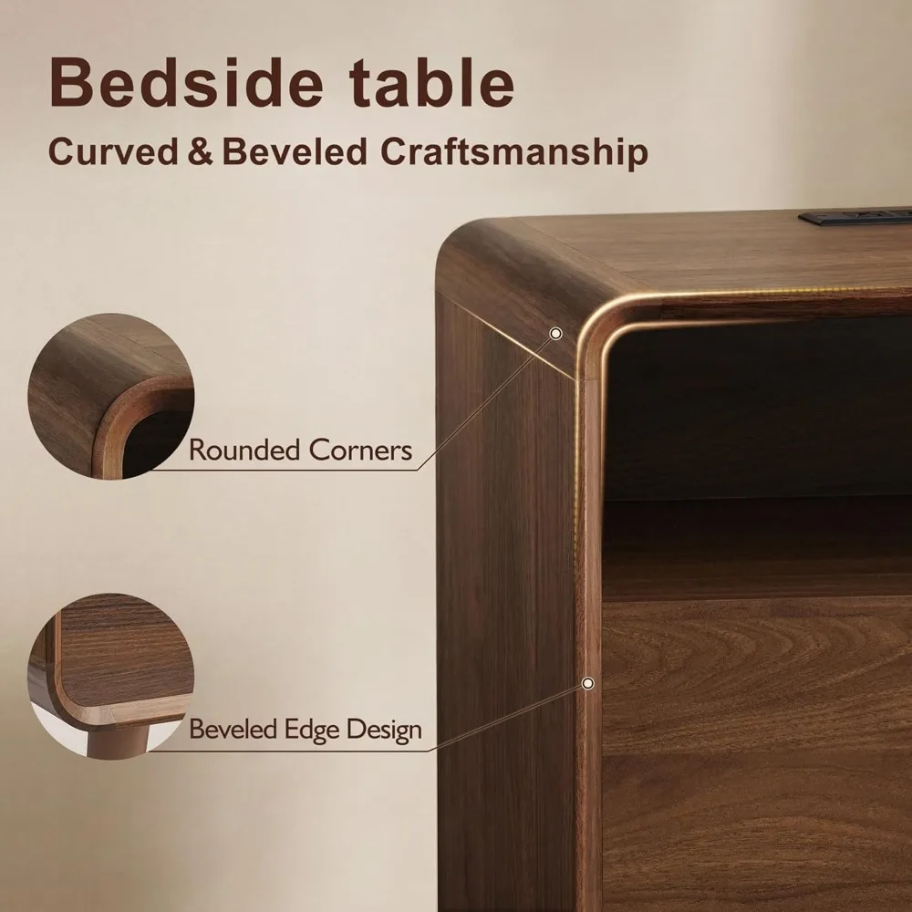 

Mid Century Modern Nightstand with Charging Station, Wood Bedroom End Tables Set of 2 Nightstands with Drawers, Customized