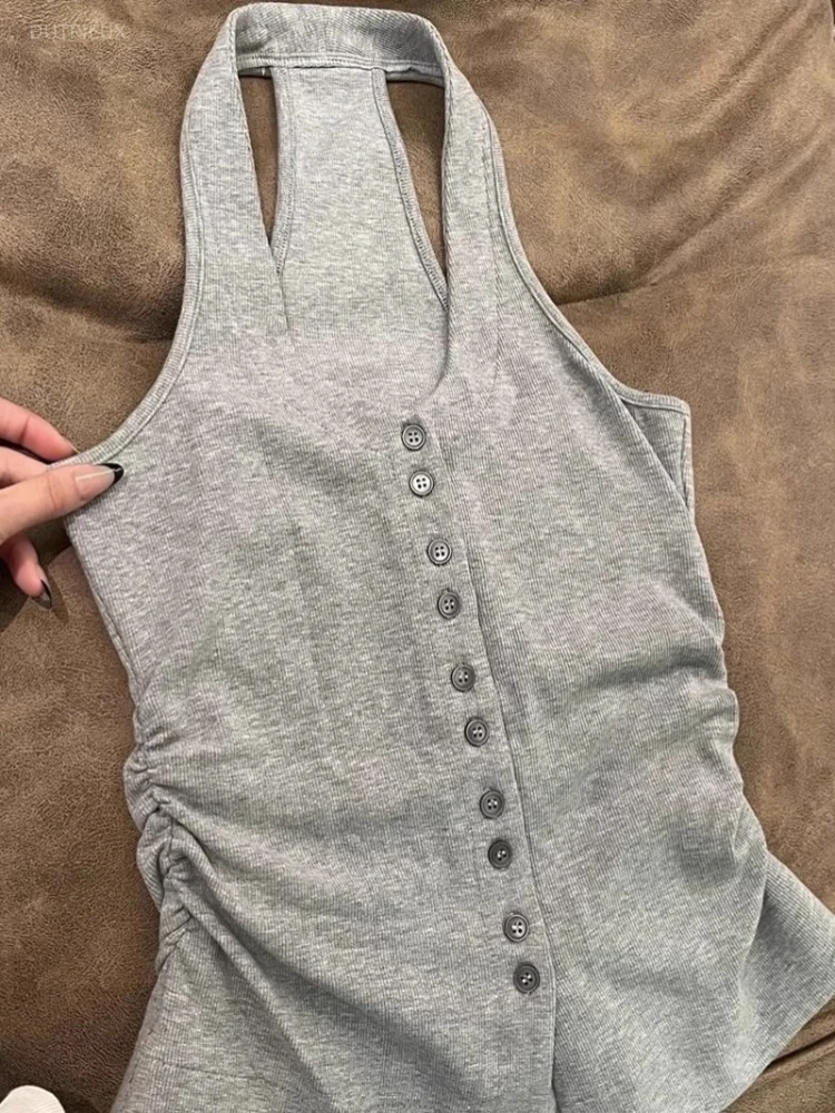 Korean Vest Women's Clothing Single-breasted Slim Fit Tees Folds Sleeveless Square Collar Camis Backless Chic Sexy Summer Tanks