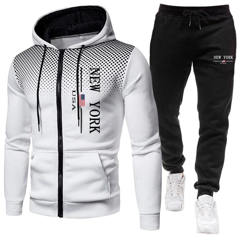 Men's Jacket Tracksuit Casual Zip Hooded Sweatshirts Dot Coat Outdoors Sports Clothing Autumn Winter Quality Single Tops Pants - view 3
