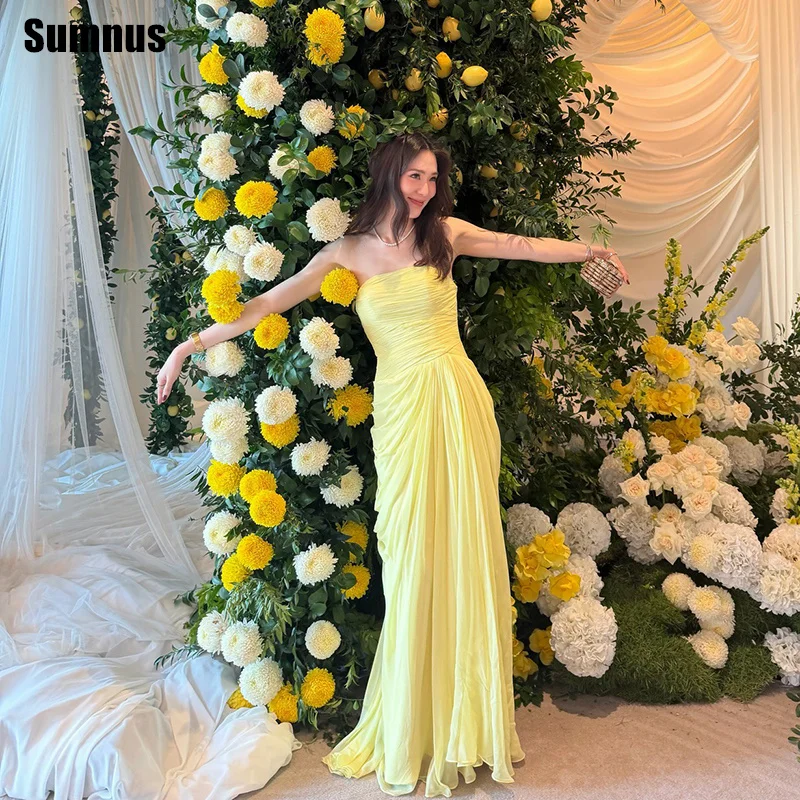 

Sumnus Simple Mermaid Prom Dresses Yellow Chiffon Strapless Sleeveless Pleats Draped Maxi Evening Dress Vestidos Customized