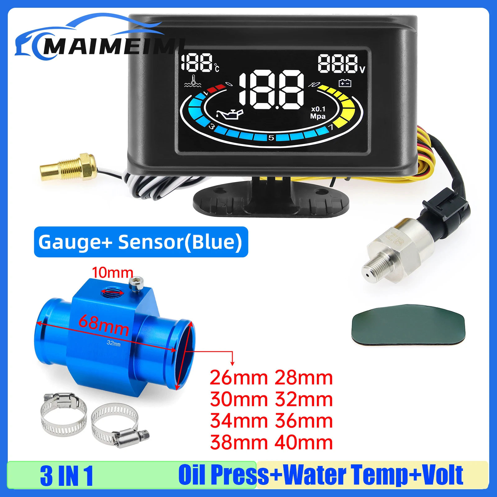 

MAIMEIMI LCD Meter Oil Pressure+Water Temp Gauge+Voltmeter for Temperature Joint Pipe Sensor Gauge Radiator Hose Adapter 9-36V