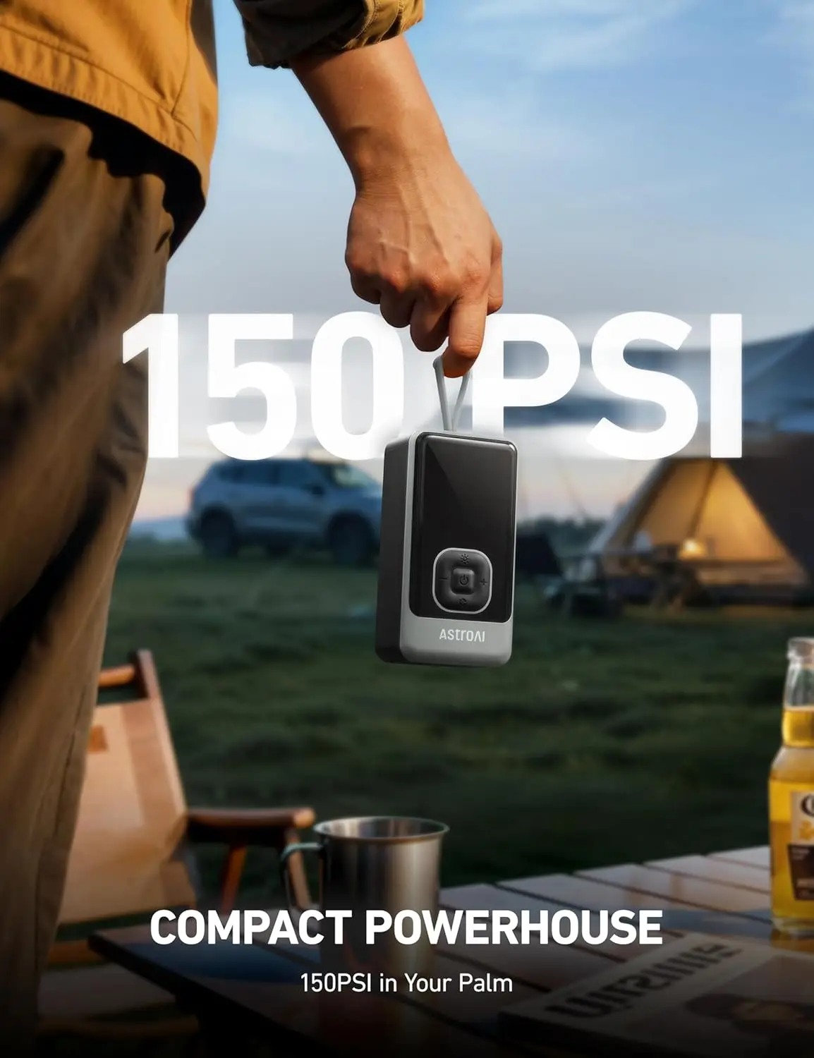 Portable Cordless Air Compressor, 150PSI Fast Inflation, Auto Shutoff, LED Light for Car SUV Motorcycle Bike Tires