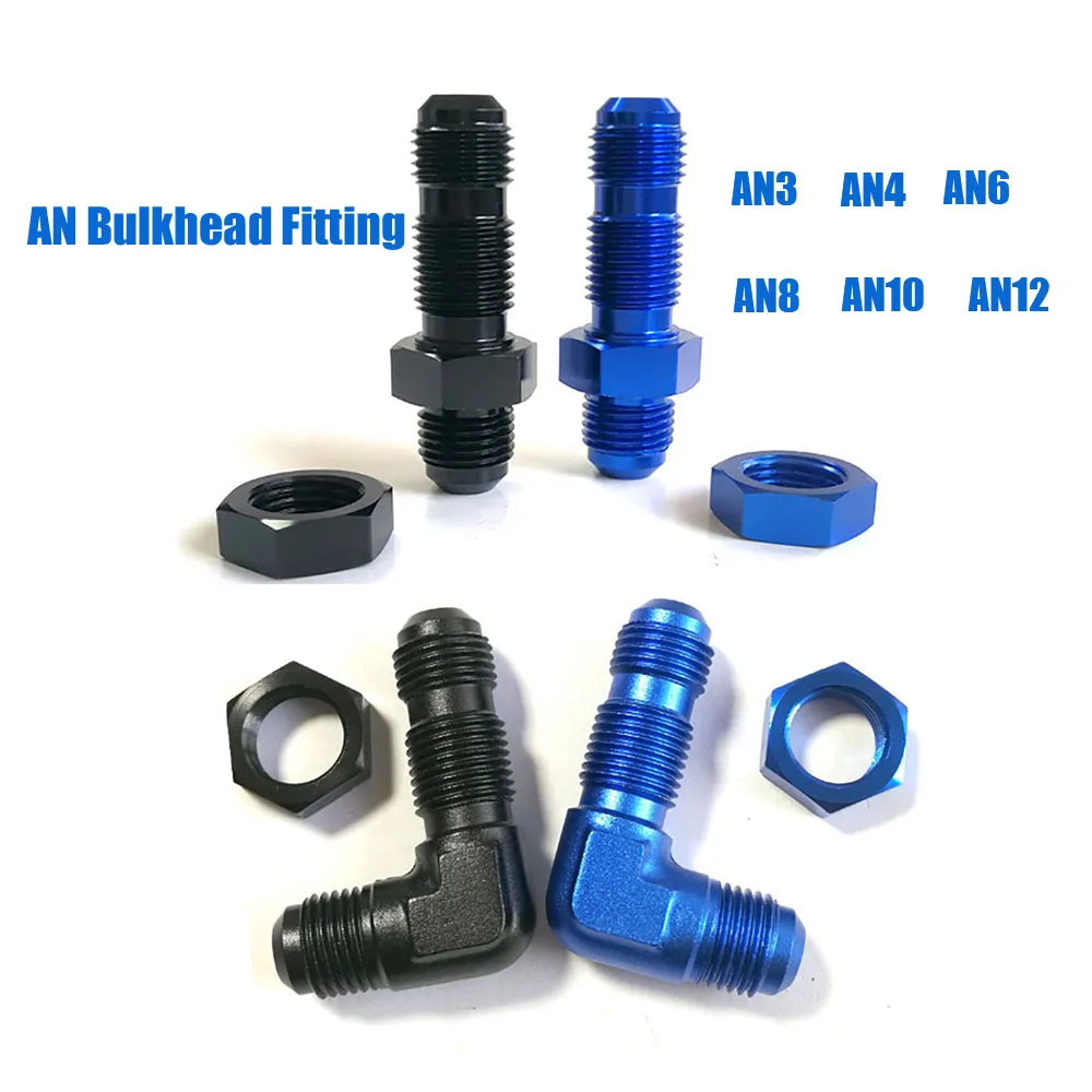 AN Bulkhead Fitting 90 Degree / Straight AN3 AN4 AN6 AN8 AN10 AN12 Anodized Aluminum Fuel Oil Line Adapter With Lock Nut