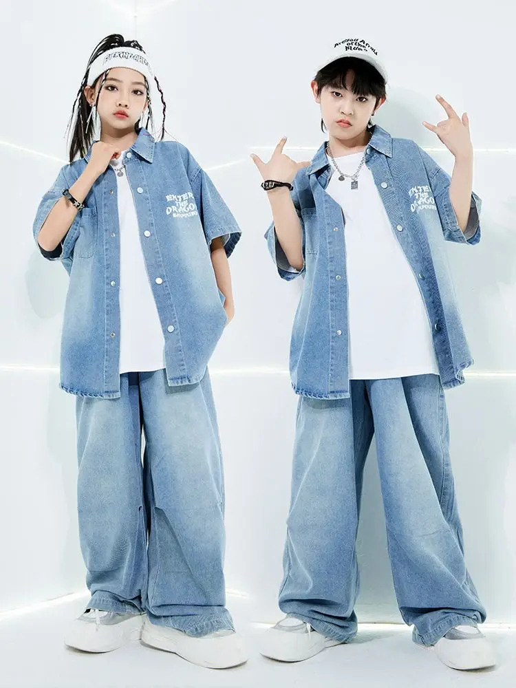 Denim Shirt Hip Hop Suit Children Jazz Performance Costumes Kids Ballroom Hip Hop Dance Festival Clothes Boys Street Wear