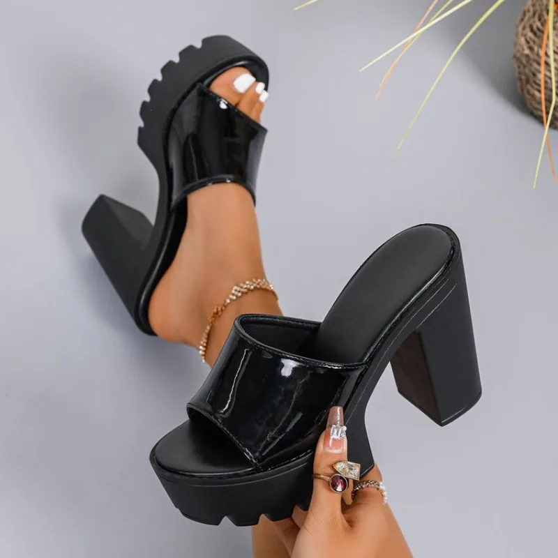 Sandalias de tacón grueso de charol de alta calidad para mujer, sandalias de verano con punta abierta, sandalias de tacón alto para mujer