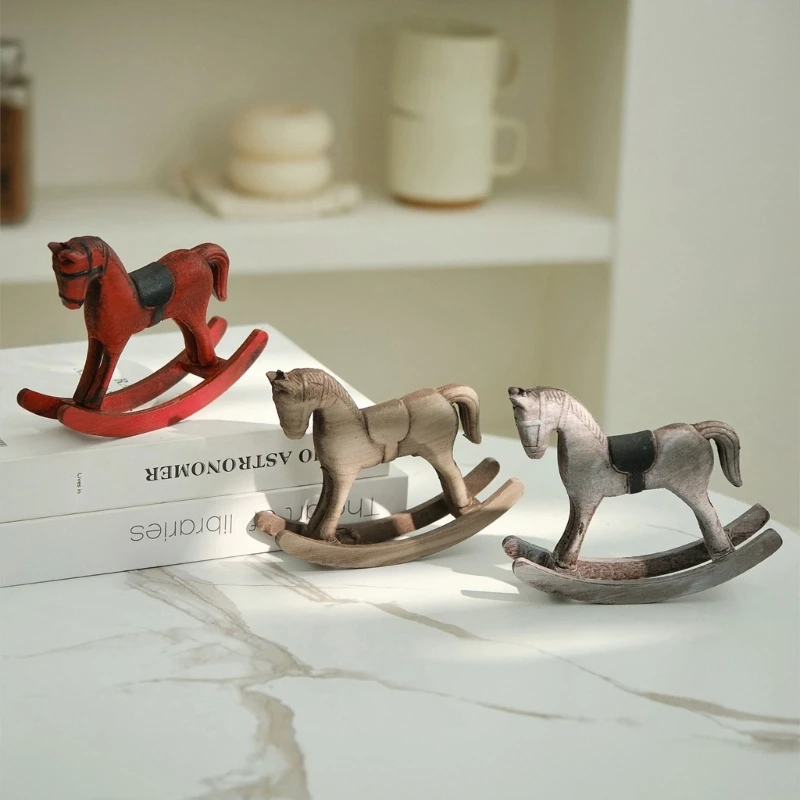  Nordic Wooden Rocking Horse Carving Sculpture Living Room Table Shelf Decoration