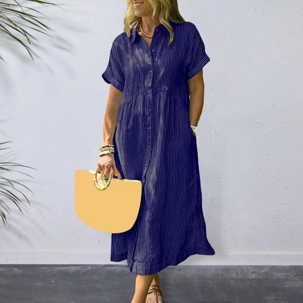 여성 라펠 버튼다운 셔츠 드레스 포켓 여름 캐주얼 반팔 A라인 롱 쉬프트 비치 드레스