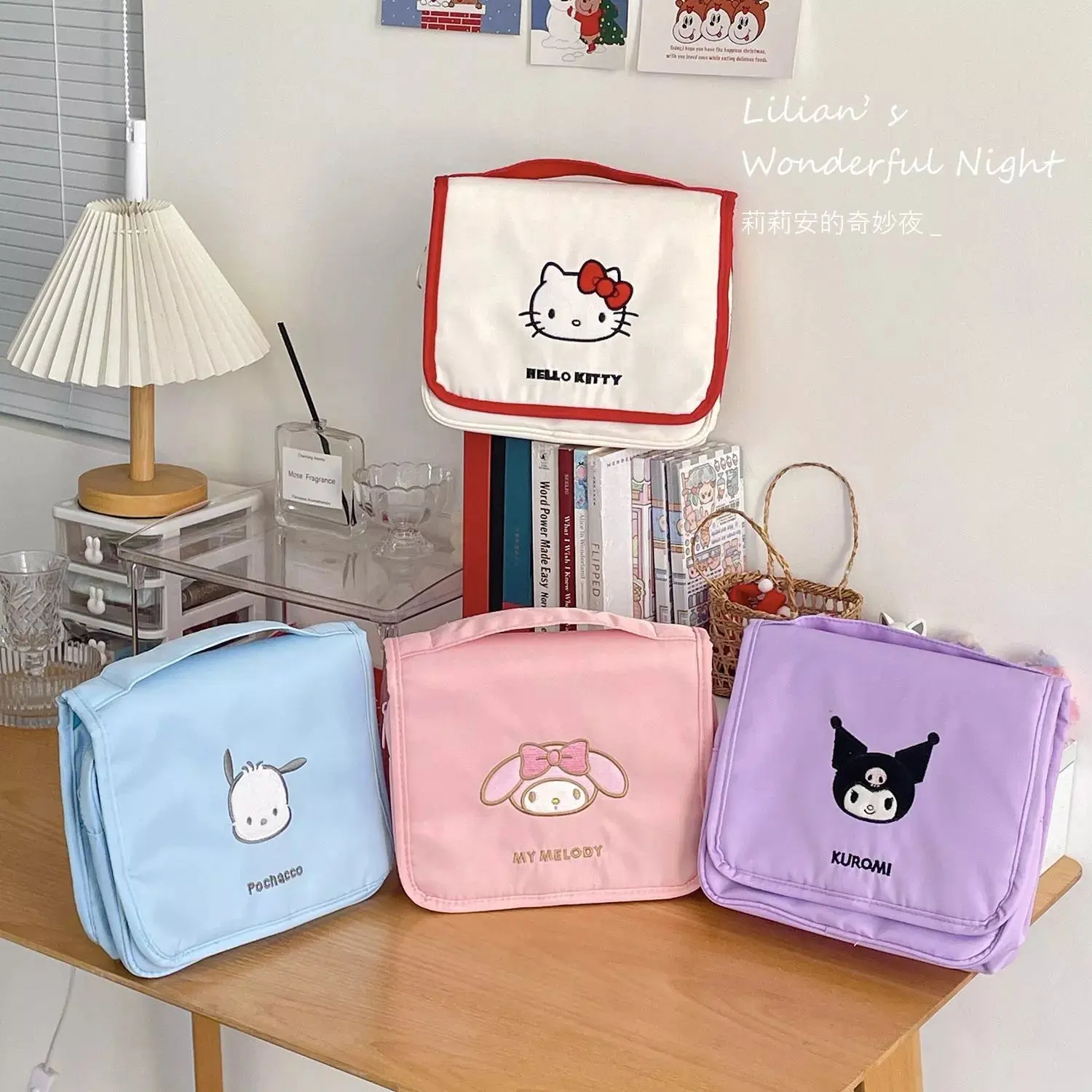 

New Sanrio Hellokitty Makeup Bag Pochacco Kuromi Japanese Cartoon Multi-Functional Large Capacity Portable Fold Toiletry Bag