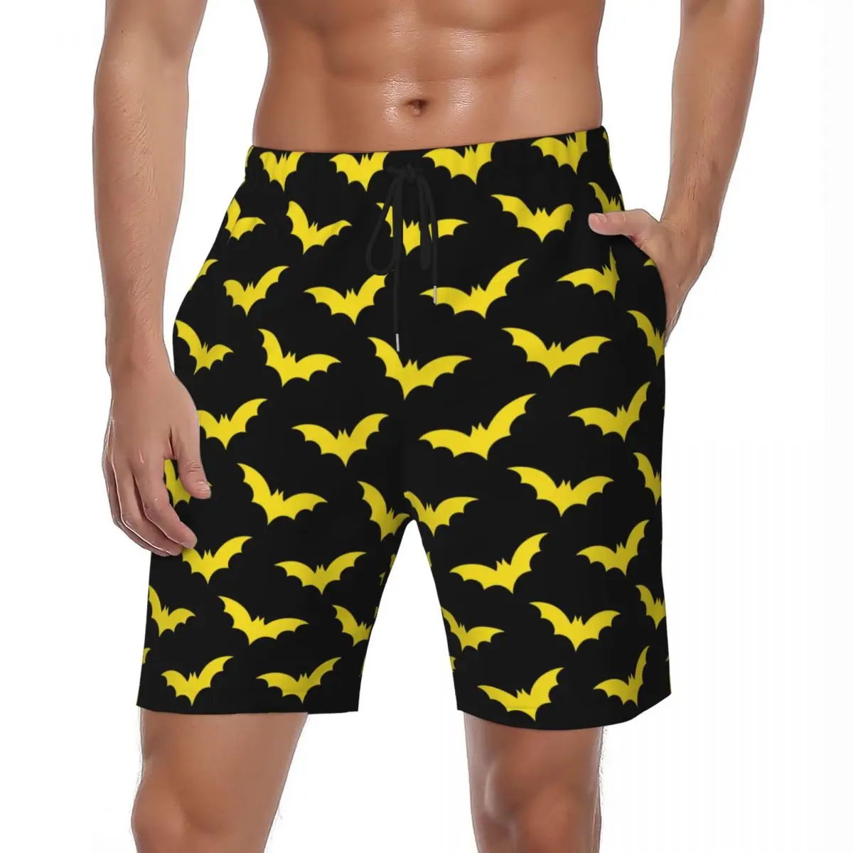 Homens-shorts de ginástica com estampa artística, baús clássicos, morcegos amarelos, fitness esportiva confortável, shorts de praia da moda, Halloween