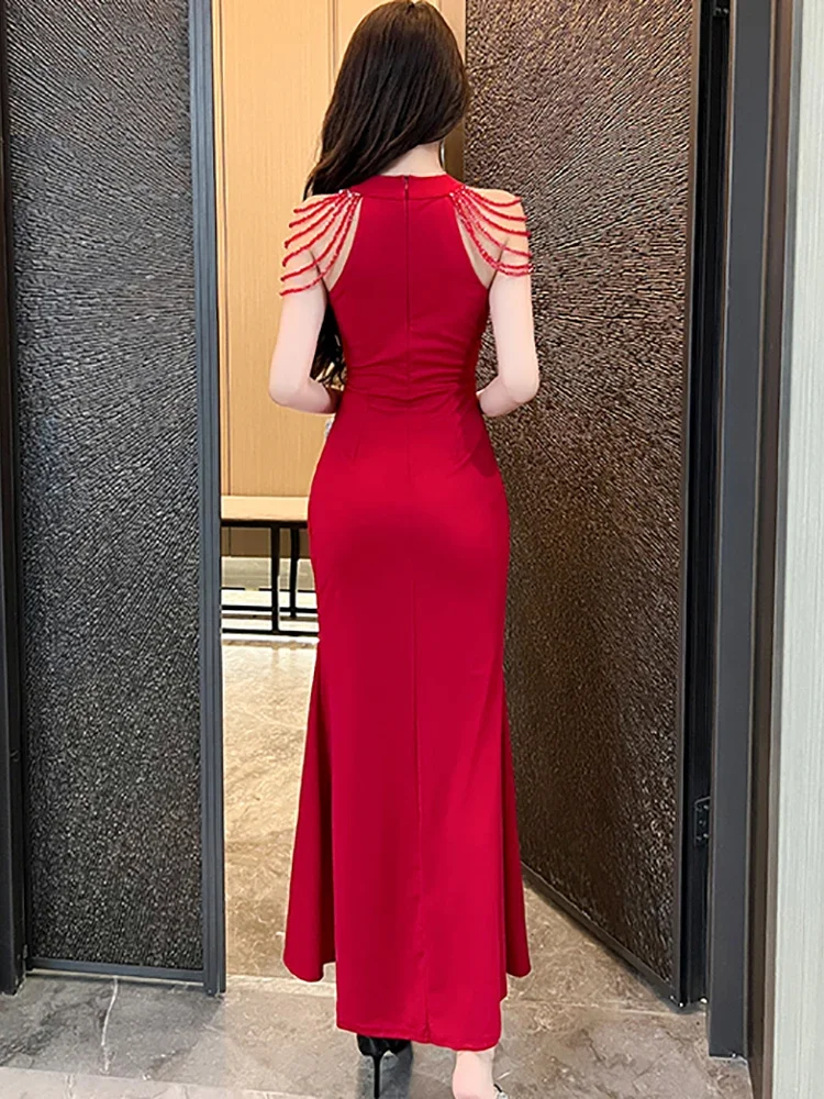 Abito internazionale di lusso rosso elegante estivo Abito lungo con spacco aderente alla moda per le donne da sposa 2024 Abito da festa vintage coreano