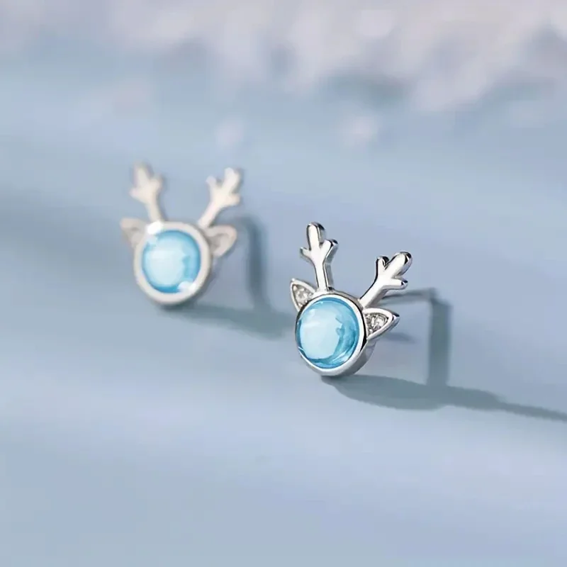 Huitan Cute Elk Shaped Stud Earrings with Blue Imitation Opal Stone Temperament Exquisite Female Earrings New Fashion Jewelry