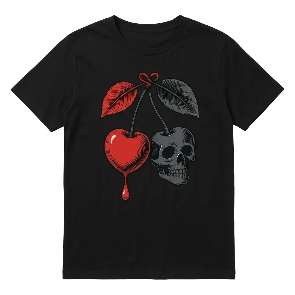 Women'S Gothic Cherry & Skull Graphic T-Shirt - Maroon & Black Contrast Short Sleeve Top with Red Fruit & Bone Design, Medium Stretch Round Neck Casual Tee for Spring Summer Fall, Machine Washable Regular Fit Gothic Everyday Shirt
