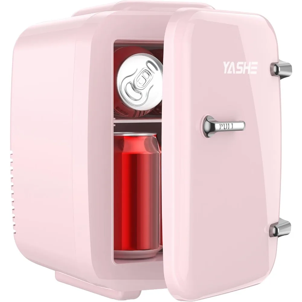 Mini Fridge, 4 Liter/6 Cans Small Refrigerator for Skincare, 110V AC/ 12V DC Thermoelectric Cooler and Warmer, Portable, Pink.