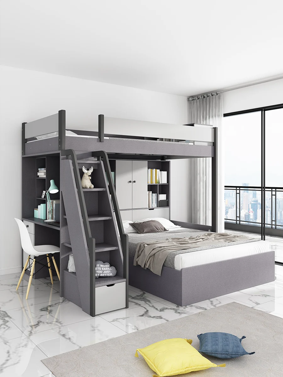 

Dispositioned double bed with upper and lower bunk beds, double layered multifunctional combination, two floors,