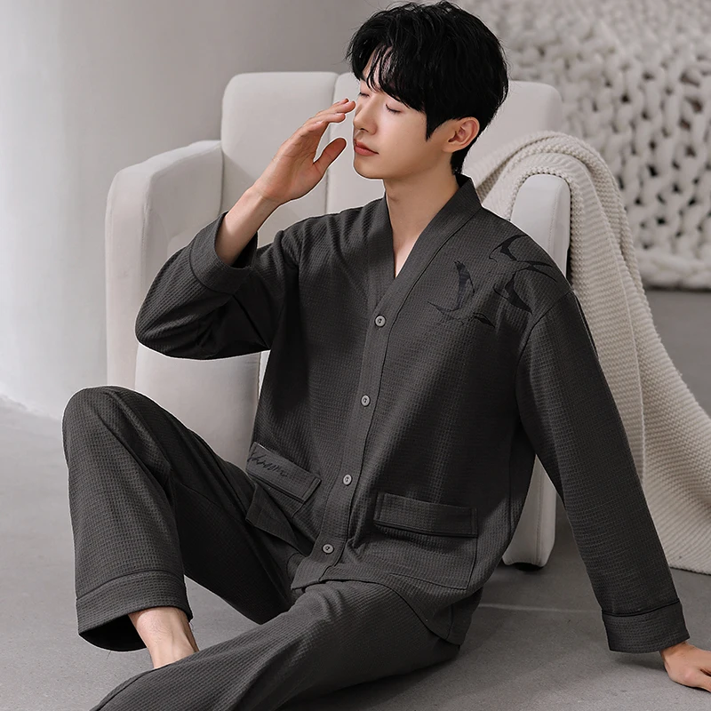 

Big Size L-5XL Cotton Waffle Pajamas Set for Men Autumn and Spring V Neck Kimono Nightwear Cardigan Home Clothes Pijamas Hombre