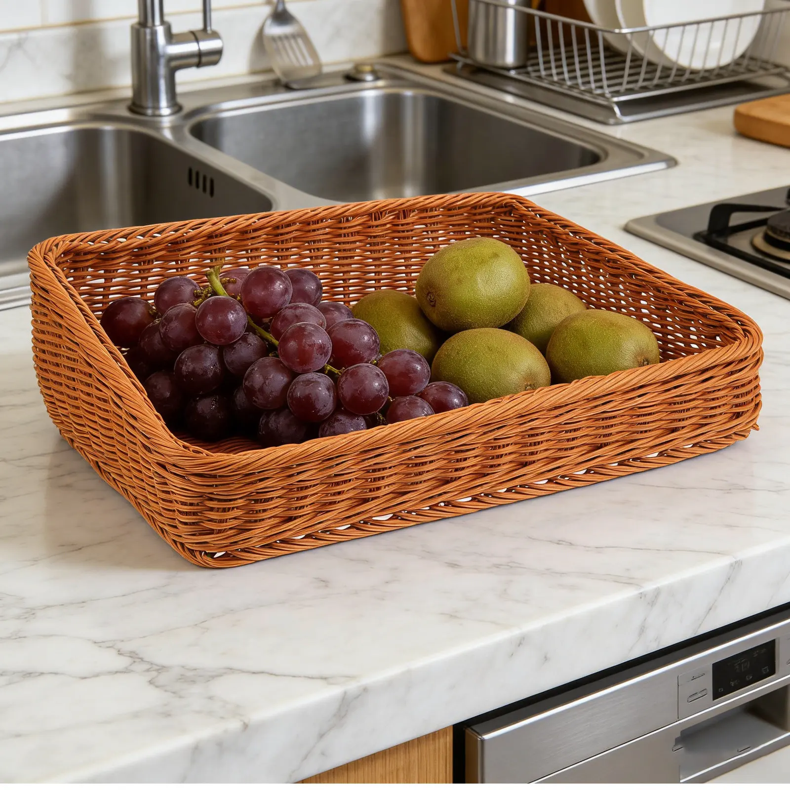 

40x30cm Woven Imitation Rattan Fruit Basket Spacious Snack Organizer Tabletop Bread Serving Tray for Kitchen Counter Sundries
