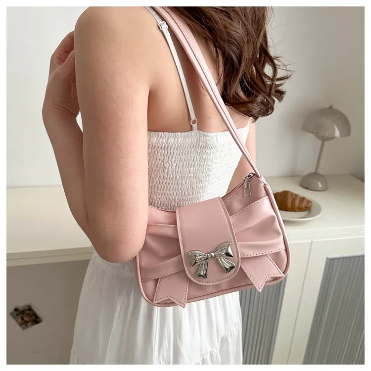 

Korean Pleated Bow Shoulder Bag Woman Versatile Armpit Bag Balck White Silver Pink Handbags for Women Underarm Bag Phone Bags
