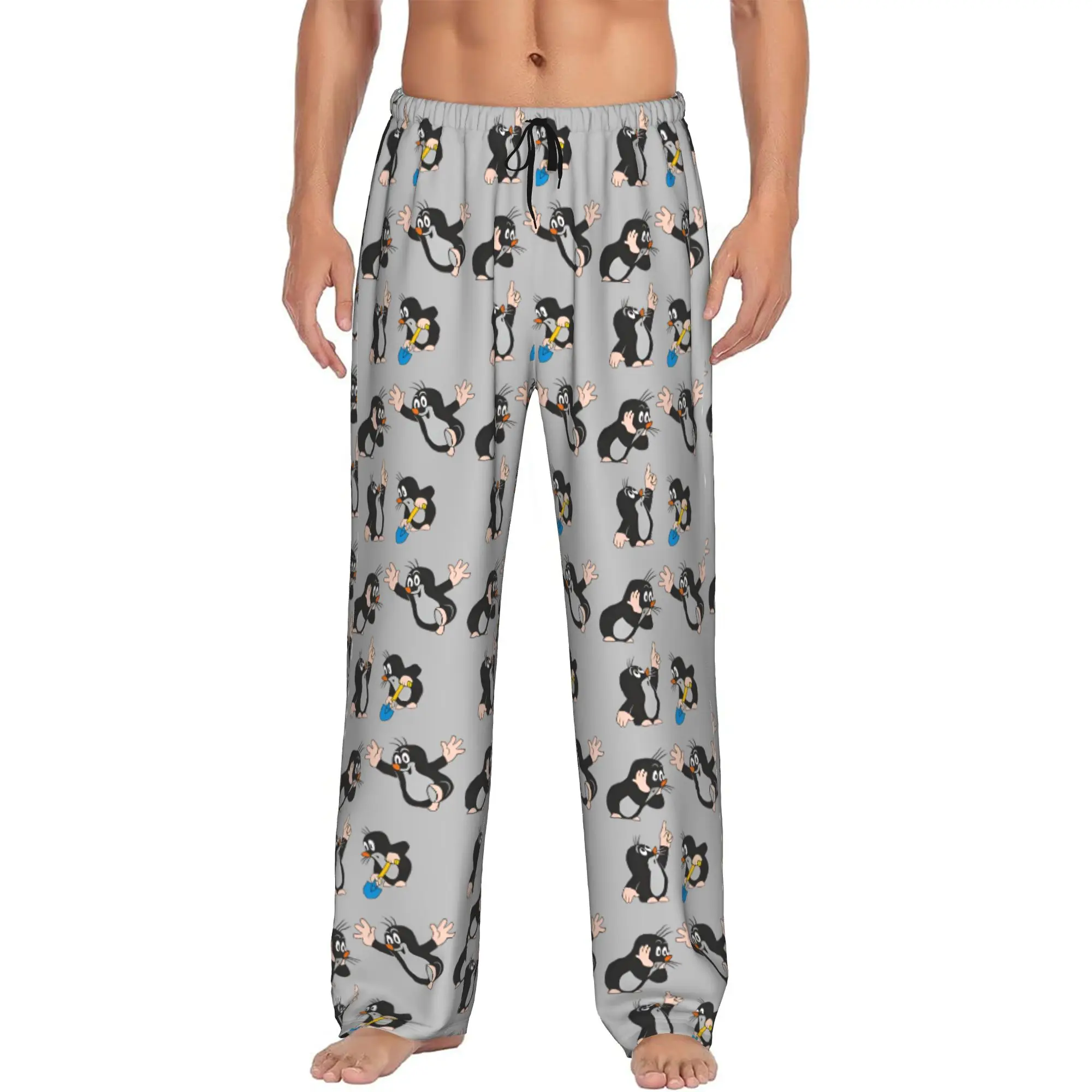 Custom Printed Men's Funny Cartoon Krtek Pajama Pants  Sleepwear Sleep Lounge Bottoms with Pockets