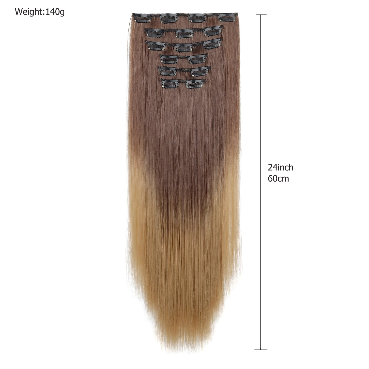Ekstensi Rambut 6 Buah/Set Rambut Jepit 24 Inci Panjang Lurus Tebal Sintetis Coklat Ombre Seluruh Kepala Mudah Dipakai untuk Wanita