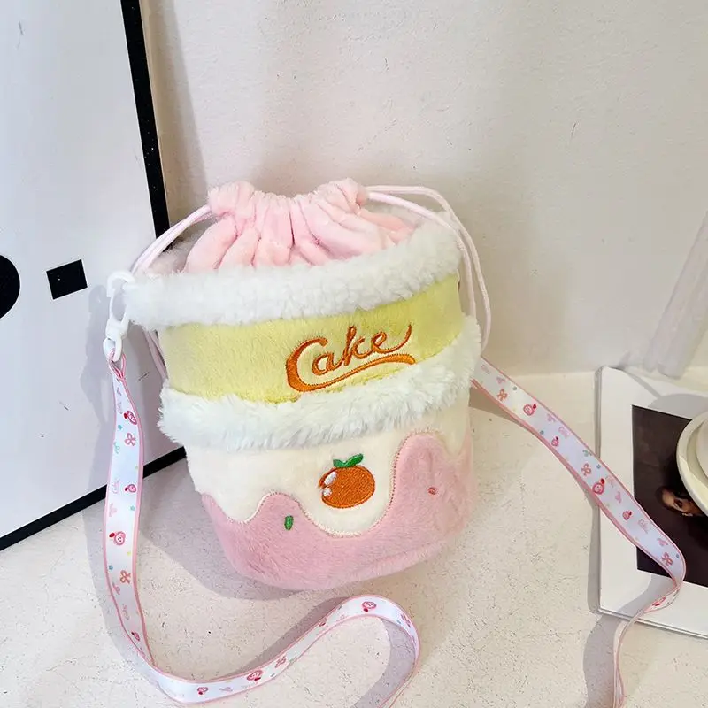 Purple Brown Pink orange Cherry Cute Plush Cake Crossbody Kawaii Drawstring Bucket Shoulder Purse Funny Women Girls Phone Bag