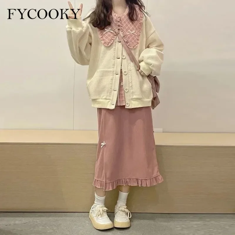 2025 New Sweet Dress Set Women Japan Style Pink Plaid Shirts + Corduroy Solid Color Skirt + Long Sleeve Cardigan Three-piece