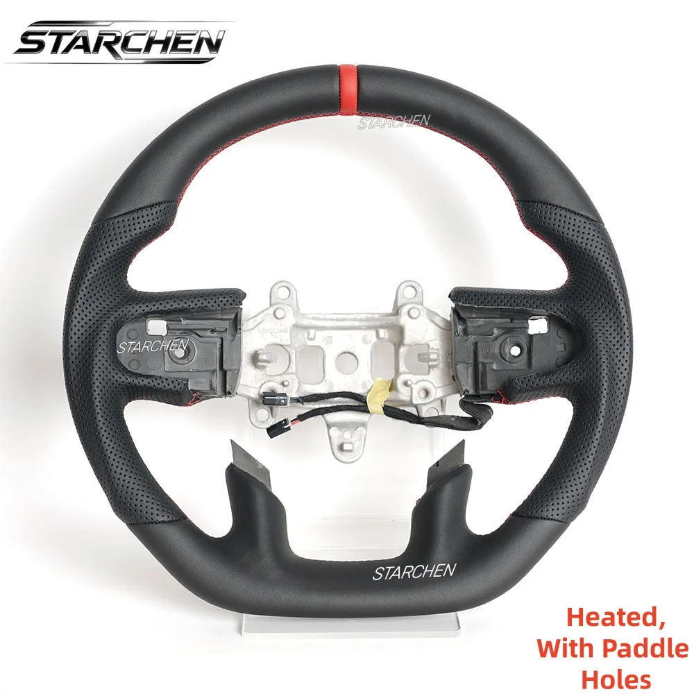 Full Leather Heated Steering Wheel for Dodge Ram 1500 TRX 2019-2024 Red Line Hand-Sewn Perforated Design(With Paddle Holes)