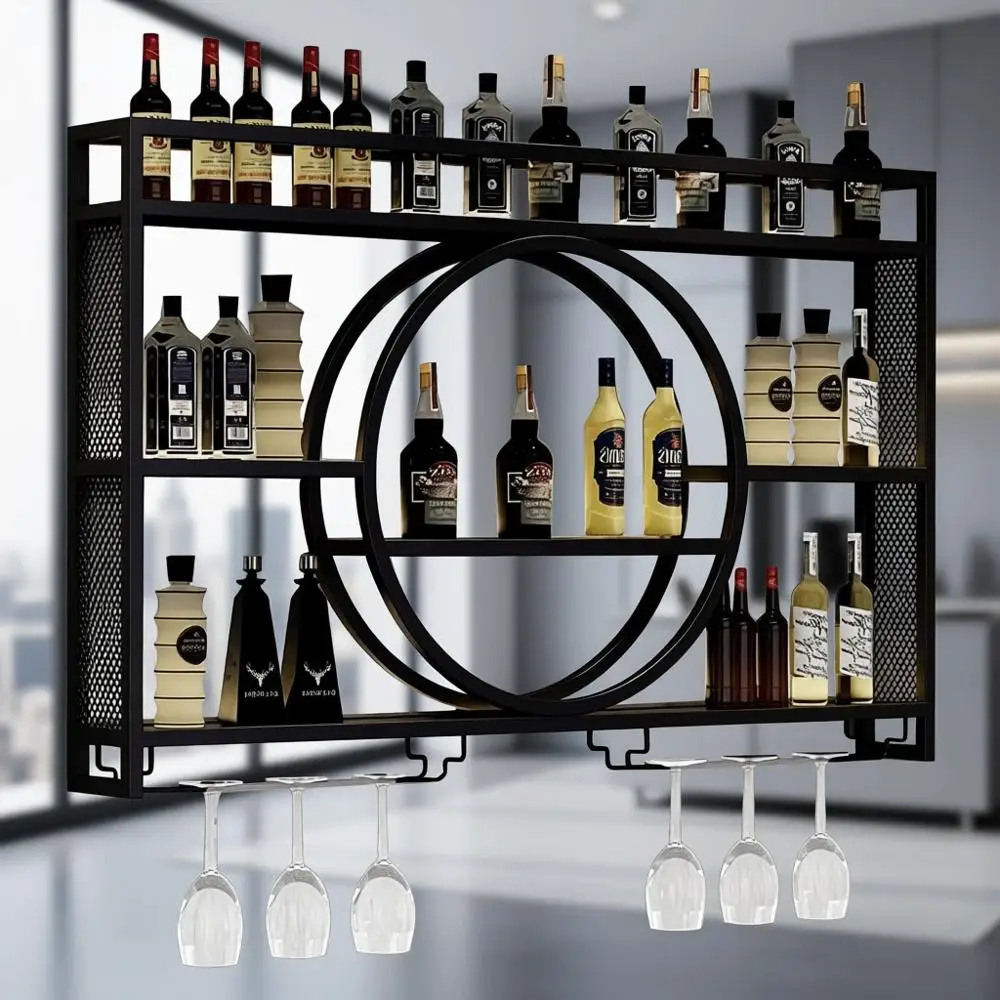 

Настенная винная полка с LED-подсветкой и держателем для бокалов, железная барная полка для бутылок с алкоголем и декора кухонного бара, золотистый/черный цвет C
