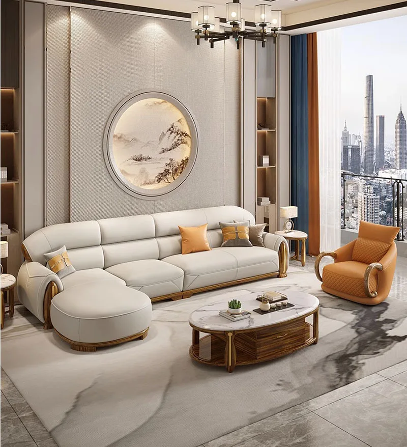 Modern new Chinese ebony leather sofa first layer cowhide modern small apartment living room solid wood corner princess