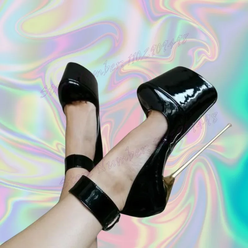 

Black Ankle Strap Extreme High Heels Pumps Pointed Toe Platform Shoes for Women Patent Leather Shoes 2024 Zapatos Para Mujere