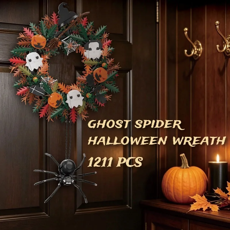 1211PCS Ghost&Spider Halloween Wreath Building Blocks,Garland Pendant Home Decor Puzzle Assembly DIY Christmas Toys Holiday Gift