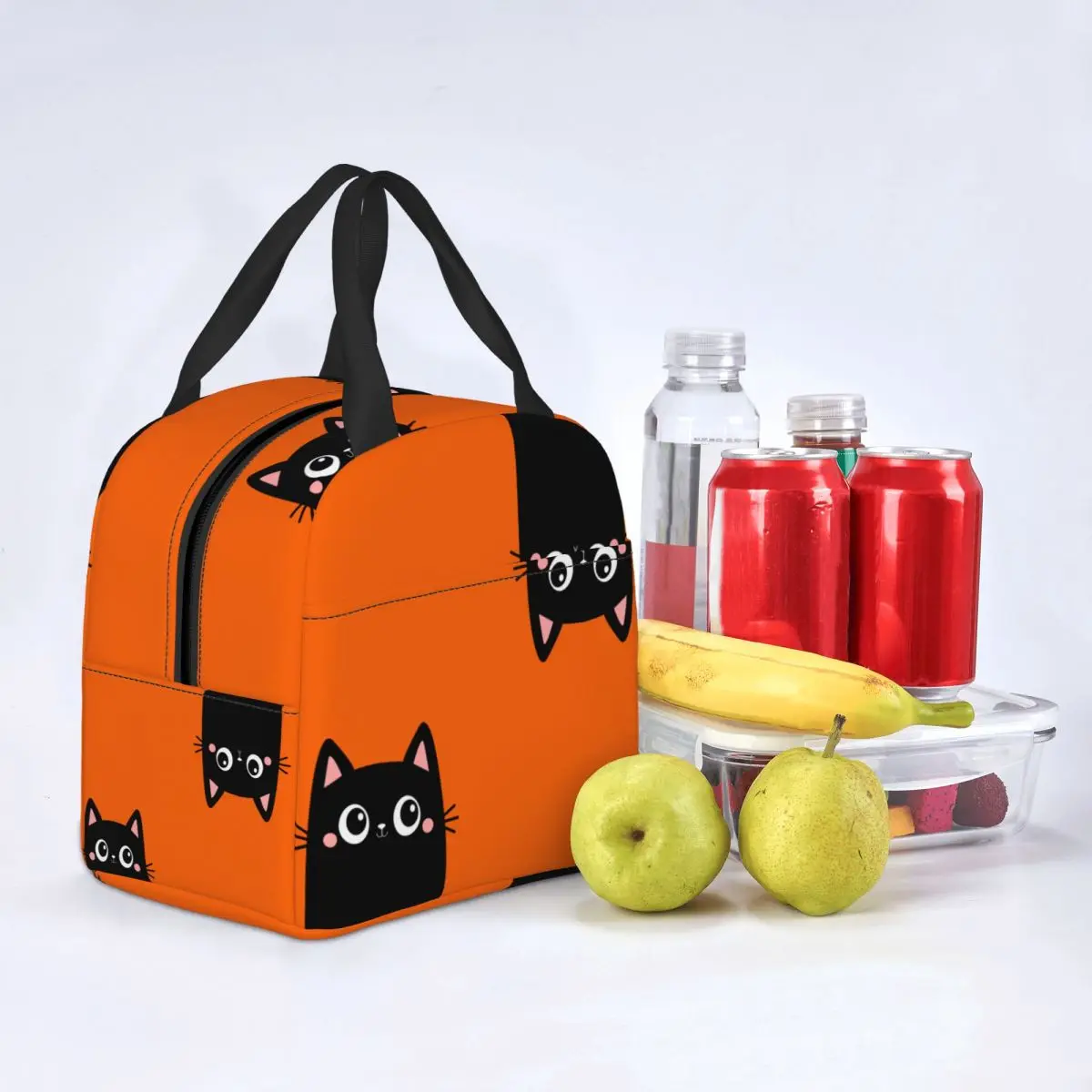 Sacos de almoço dois bonito gato gatinho preto rosto isolado refrigerador piquenique portátil engraçado kawaii preto gatos oxford tote sacos de armazenamento de alimentos