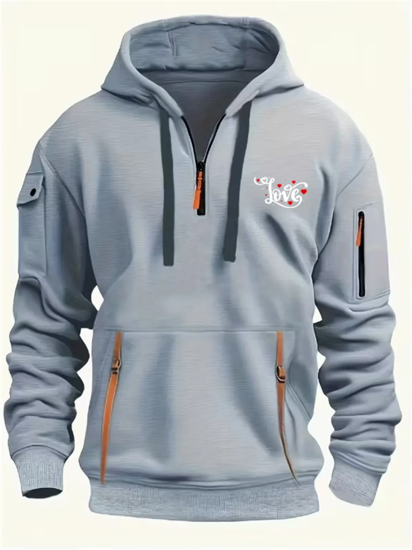 Multi pocket zipper long sleeved men's and women's spring and autumn hoodies, LOVE curves and heart prints can be used as gifts