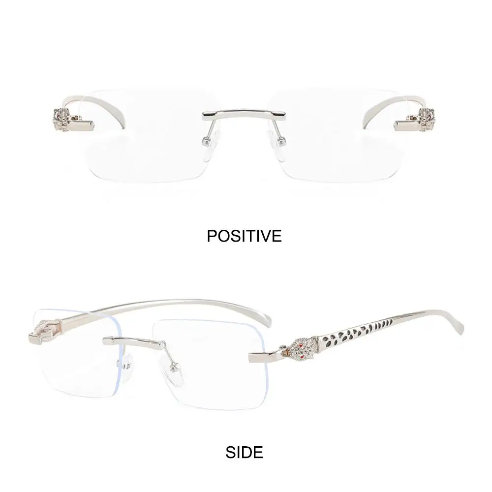 Lunettes de soleil rectangulaires sans monture pour femmes, lunettes de soleil décorées tête de léopard, protection UV dégradée, nuances de lentilles transparentes