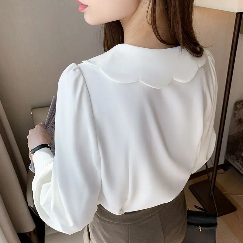 Baby Doll Collar White Shirt Women's Autumn New Fashion Long-sleeved Shirt French Chiffon Top