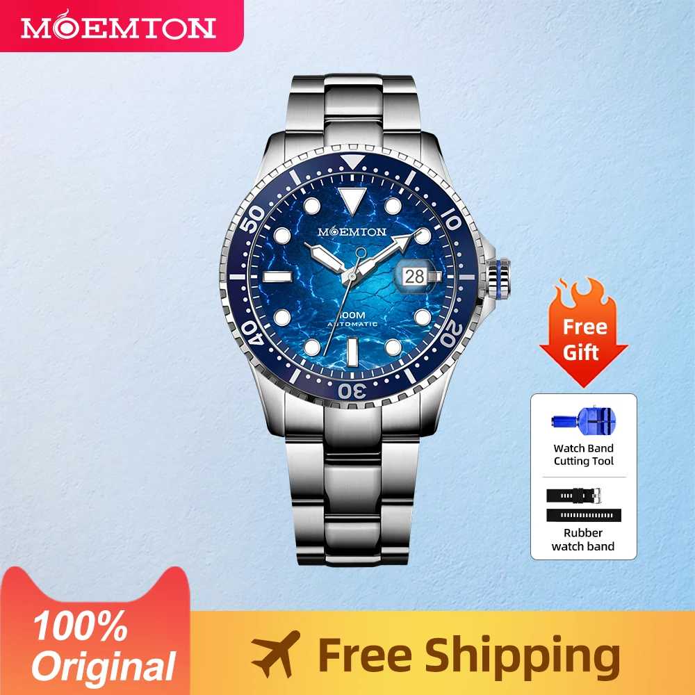 MOEMTON Original Men\'s mechanical watch Sapphire glass  watch 10bar 100M waterproof sports diving watch  Luxury  Stainless steel