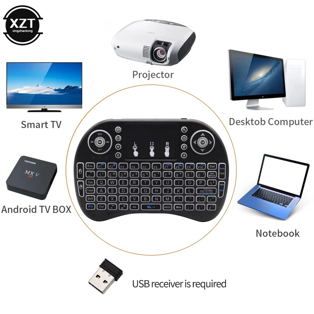 Nieuwe Backlit Engels Russisch Spaans Arabisch Hebreeuws 2.4G Air Mouse Remote Touchpad voor Android TV Box PC I8 Mini Draadloos Toetsenbord
