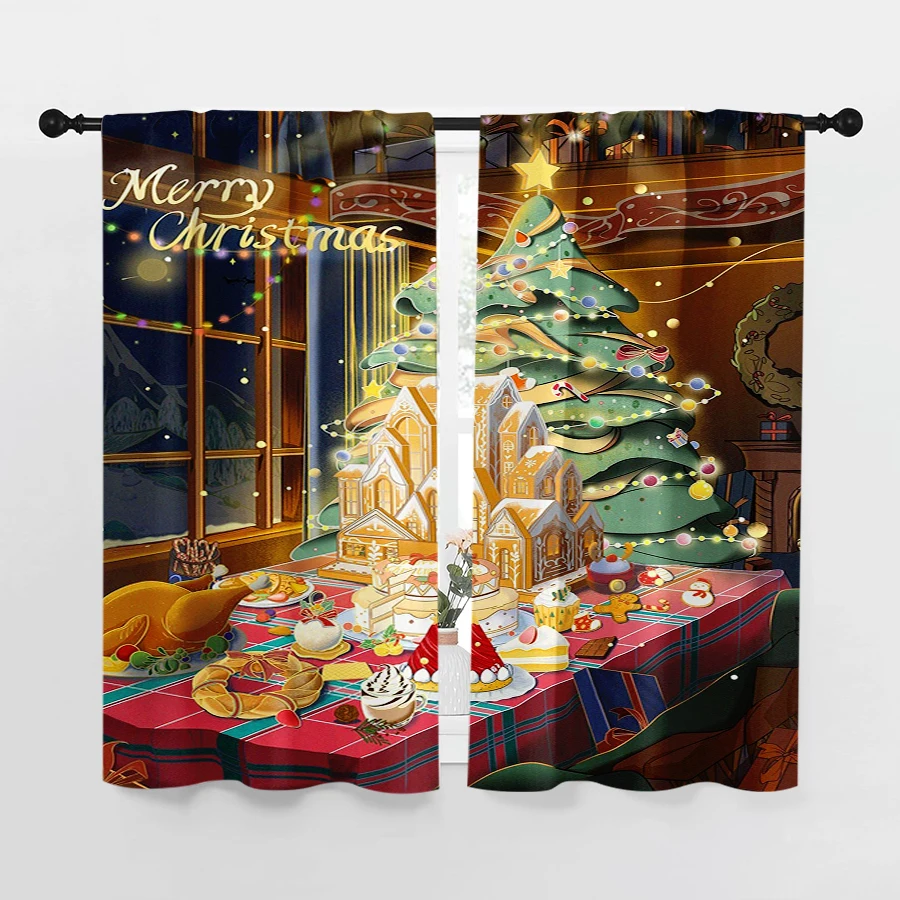 2PCS Christmas Winter Curtains, Gingerbread Dinner, Digital Print, Bedroom Living Room, Rod Pocket, Polyester, Home Decor