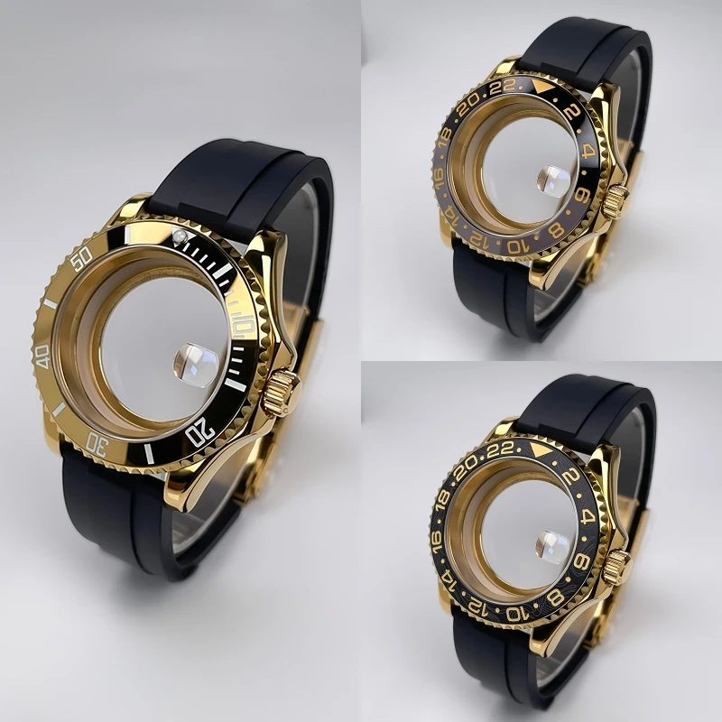 NH35 Case 40mm Full Yellow Gold YM Design Two-Way Rotating Bezel Rubber Strap Sapphire Glass NH35 NH36 NH34 Movement Watch Case
