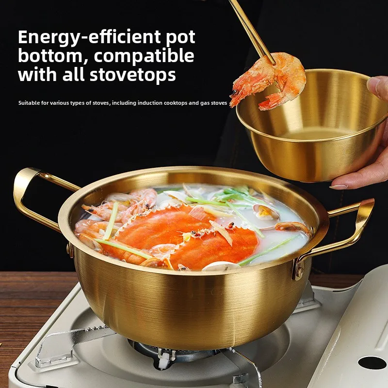 Korean Ramen Pot with Lid Gold Plated Double Ear Stainless Steel Soup Pot Instant Noodle Hot Pot Kitchen Camping Cookware