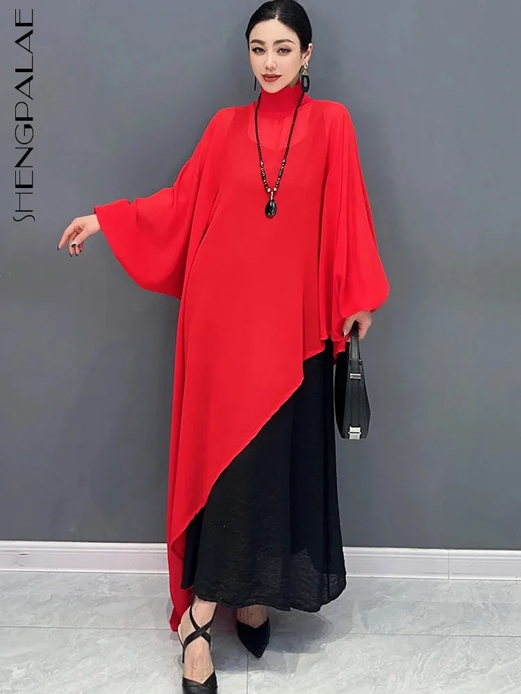 SHENGPALAE 2024 Spring Summer New Women\'s Clothes Chiffon Long Shirt Irregular Top Loose Fashion Elegant Chic Dress Female R9865