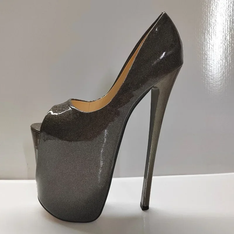 Sexy Peep Toe Platform Women Pumps 22cm Super High Thin Heels Patent Leather Wedding Stilettos Large Size 9 Inches Wedding Shoes
