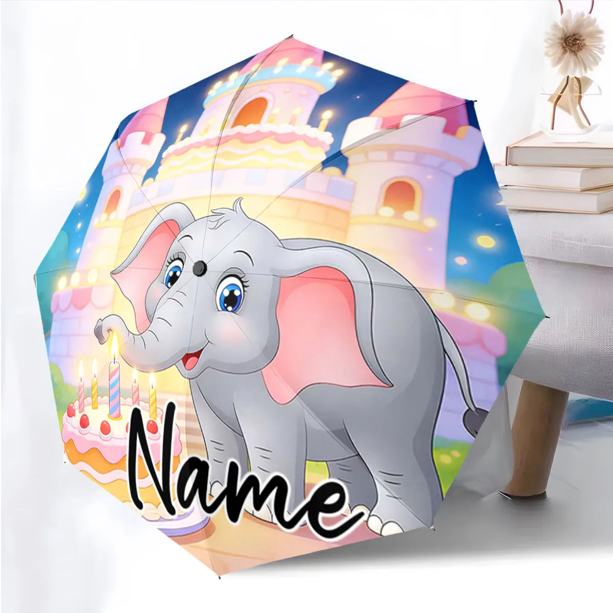 Custom Name Umbrella Elephant Celebration with Castle and Cake Print 8 Iron Ribs Folding Umbrella Auto-Open Fashion Sunshade