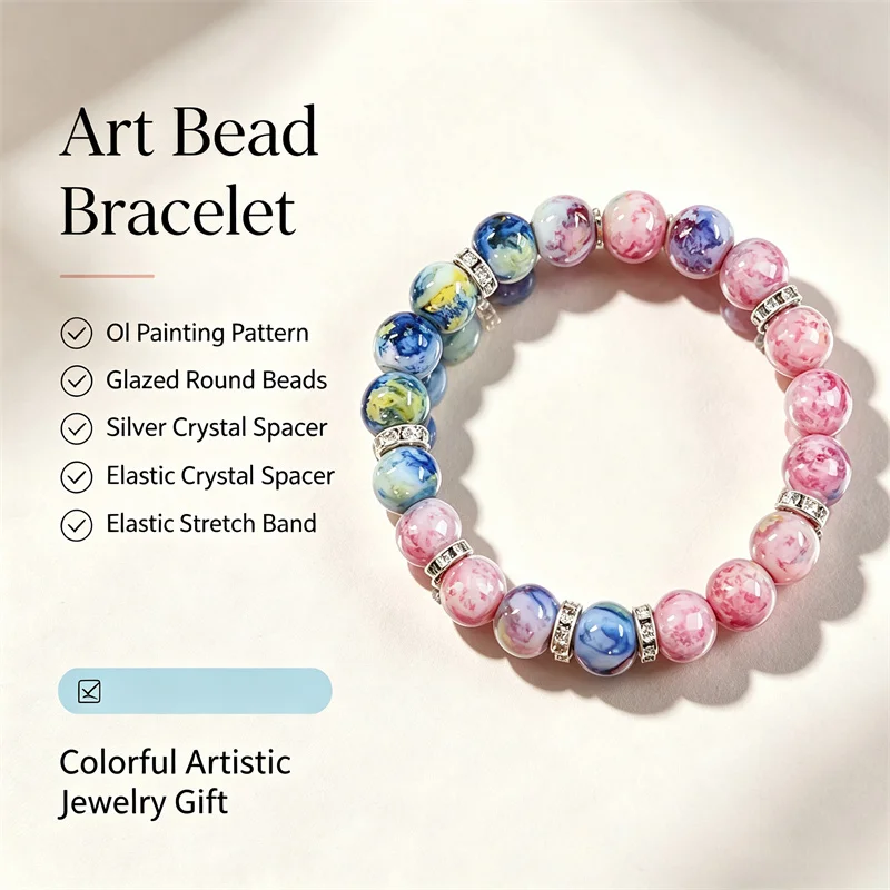 Vintage Art Oil Painting Beaded Bracelet Starry Night Design Rhinestone Spacer Beads Stretch Bracelet For Women Girls Party Gift