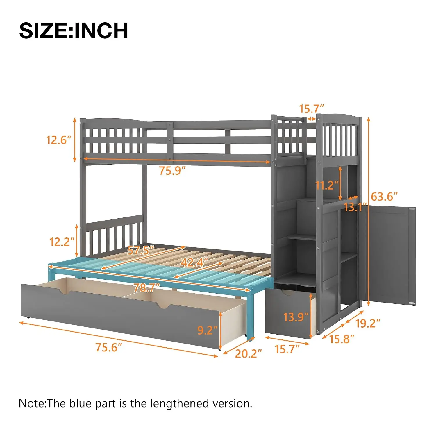 Twin Over Full Bunk Bed with Drawers & Storage, Convertible for Bedroom Dorm Kids Teens, No Box Spring, Customized