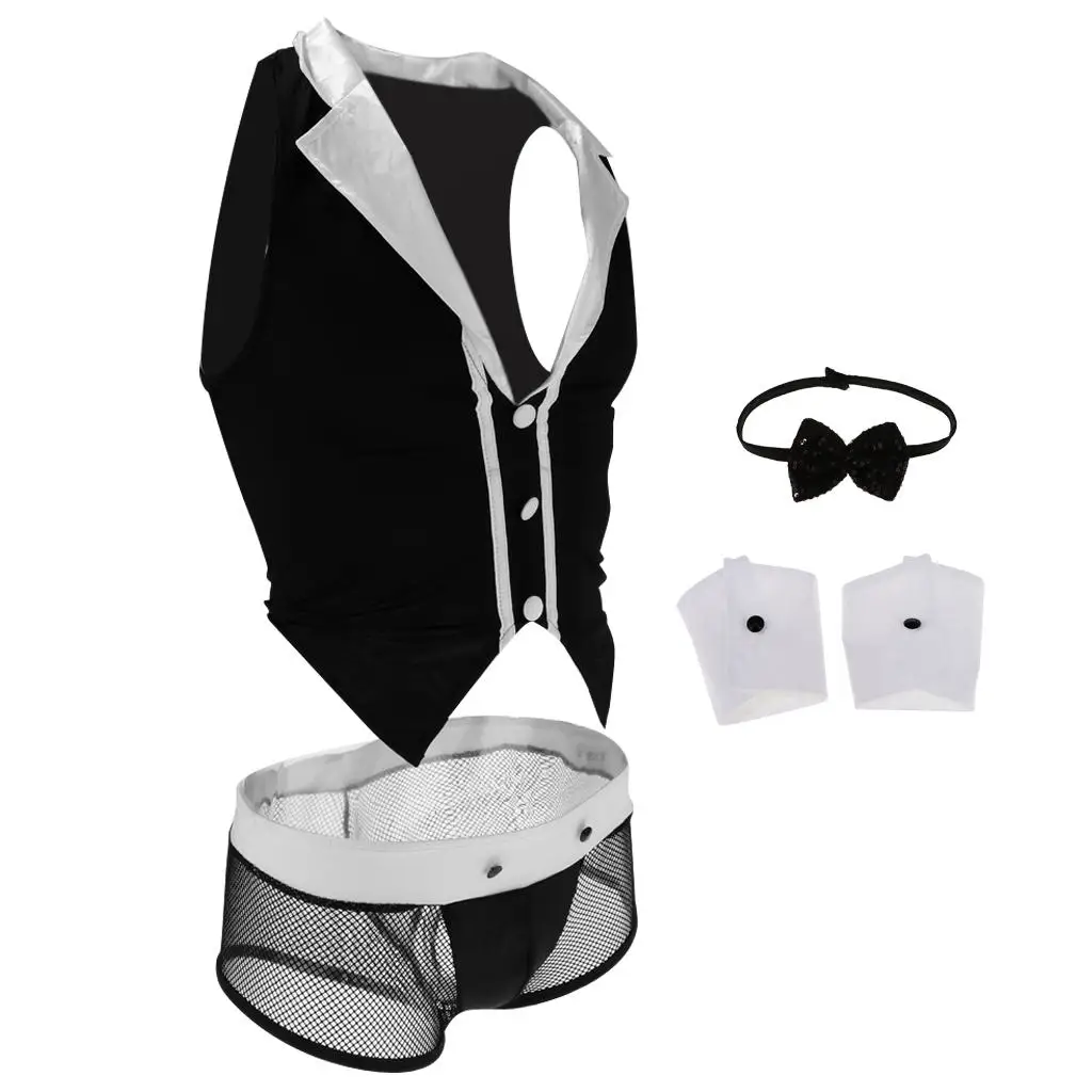 Fantasia de Garçom Masculina com Tanga de Rede, Conjunto de Performance para Traje de Dança Masculino, Vestuário de Palco