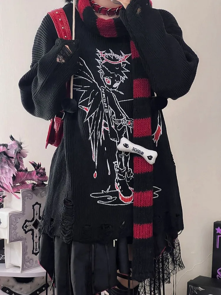 

Японские субкультурные свитера Y2k в стиле панк с отверстиями, осень-зима, новый вязаный пуловер, винтажные универсальные повседневные черные топы для женщин