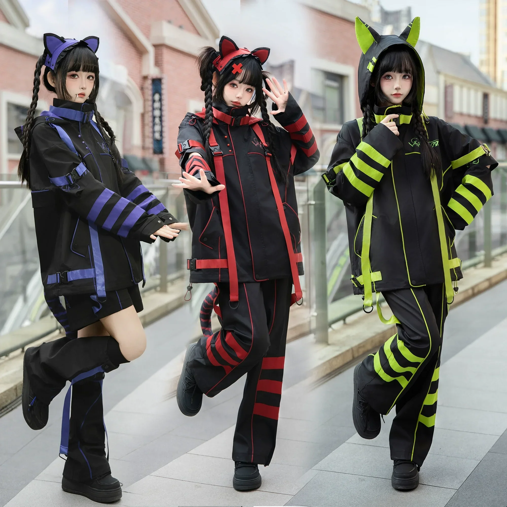 Functional Wind Winter Sweet Cool Contrast Color Cat Ear Cosplay Clothes Set Y2K Hooded Thickened Jacket and Shorts Pants Set