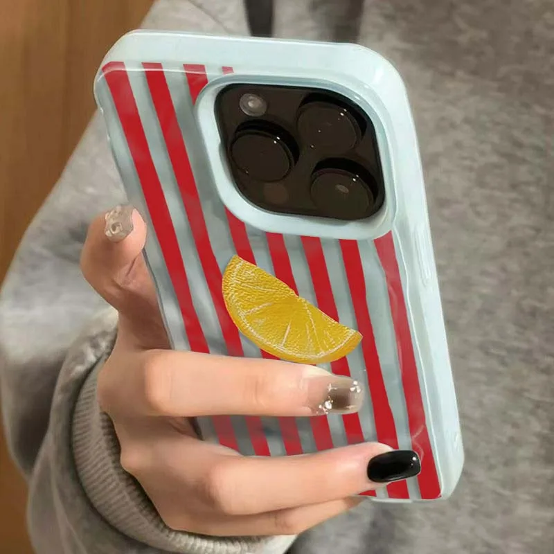Holiday Lemon Red Stripe Lemon Phone Case for IPhone 16 15 14 13 12 11 Pro Max 13 Plus 12 Pro Folds Texture Soft TPU Cover Funda